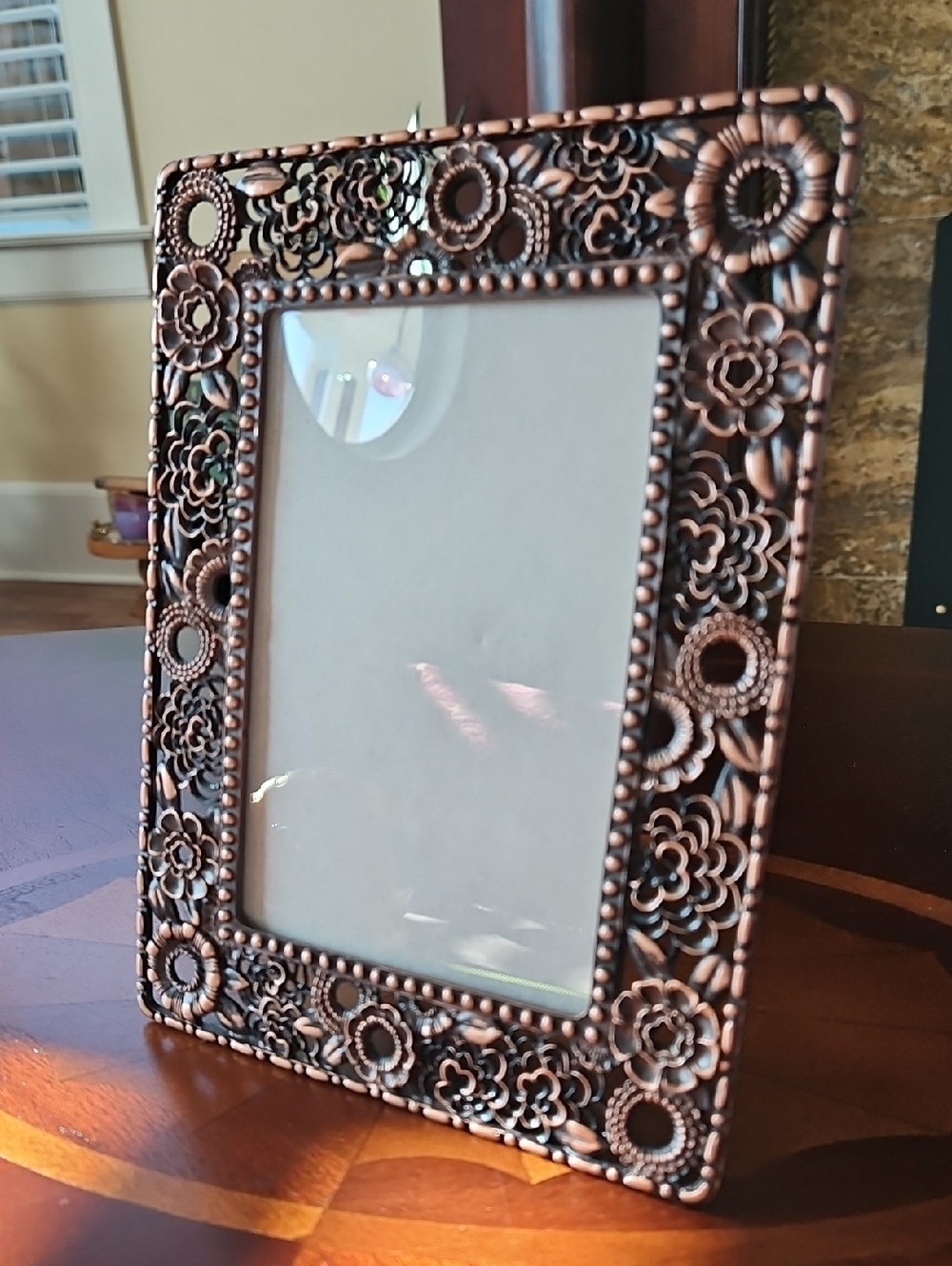 Antique Style Ornate Copper Floral Filigree Openwork Tabletop Picture Frame 5x7